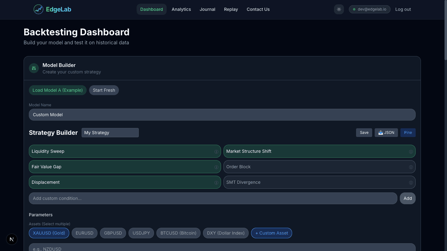 EdgeLab Strategy Builder — Configure SMC entry conditions including Liquidity Sweep, Market Structure Shift, Fair Value Gap, Order Block, and Displacement