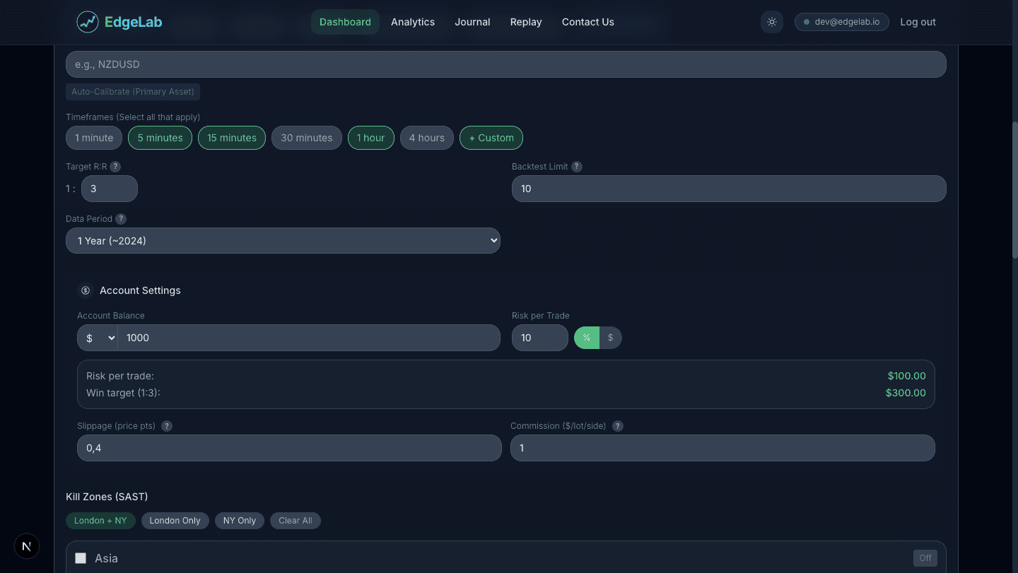 EdgeLab Parameters — Timeframes, Target R:R, Account Balance, Risk per Trade, Slippage, Kill Zones for London and New York sessions